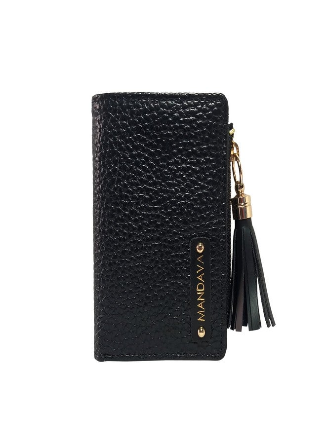 MANDAVA Women's Small Bifold PU Leather Wallet with Tussle | Ladies Slim Compact Card Holder Organizer Coin Purse (Black) - Image 1